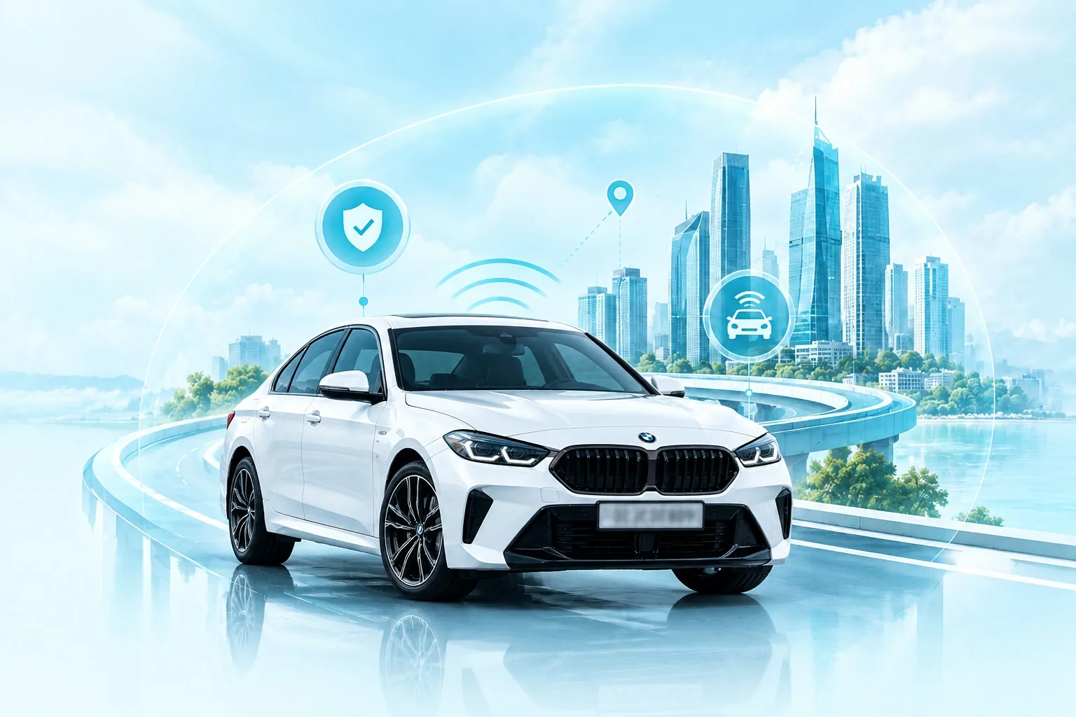 White car on a road beside a modern city skyline