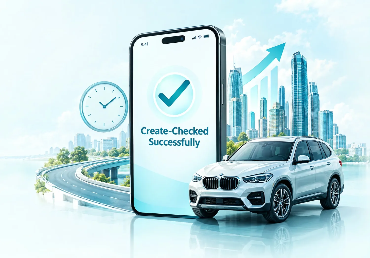Phone showing a challan checked successfully beside a car and city